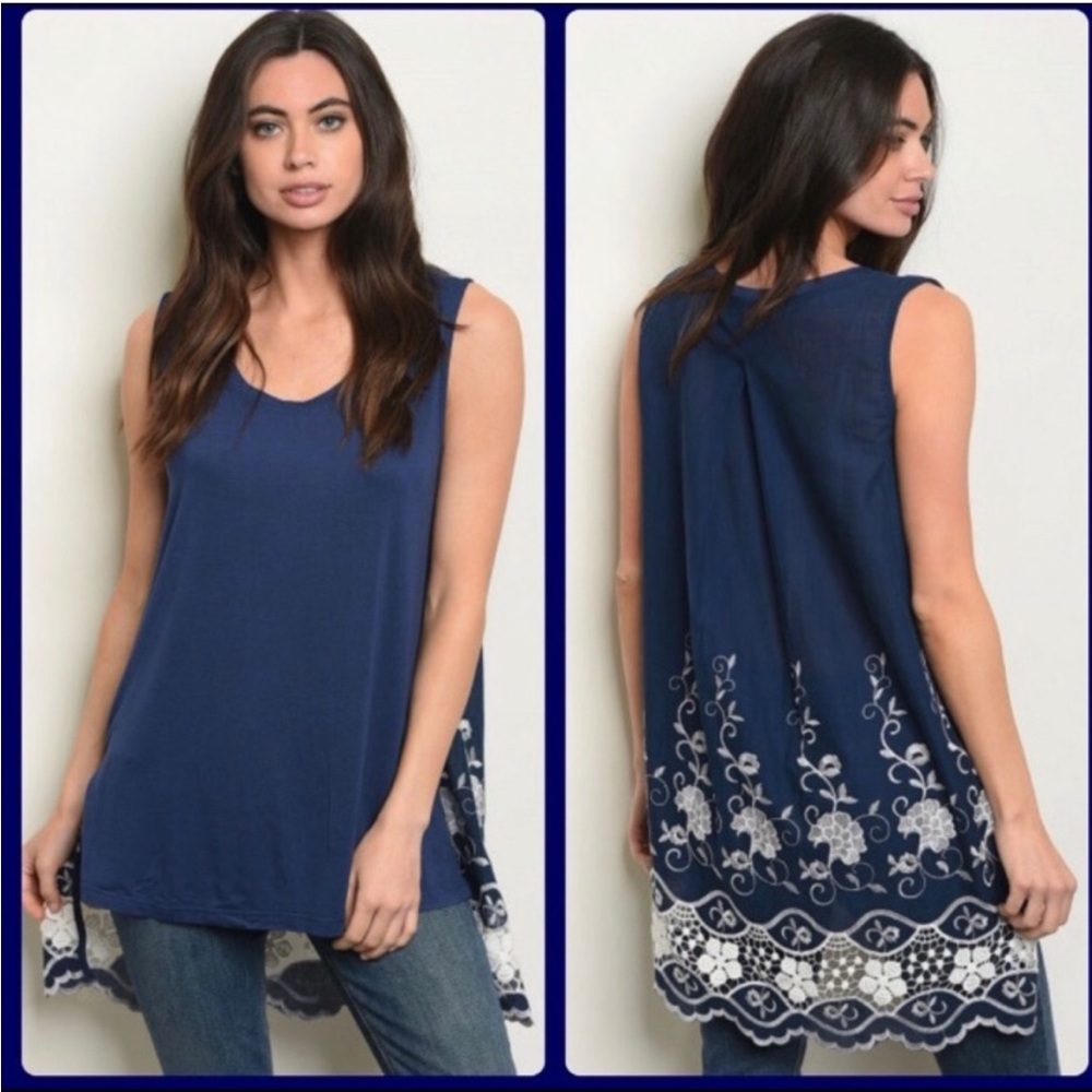 Navy Blue Sleeveless Top with Lace Detail